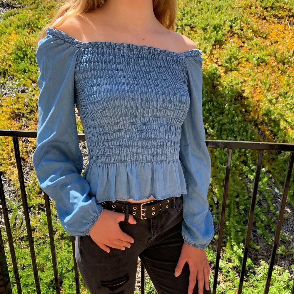 blue smocked off-the-shoulder top